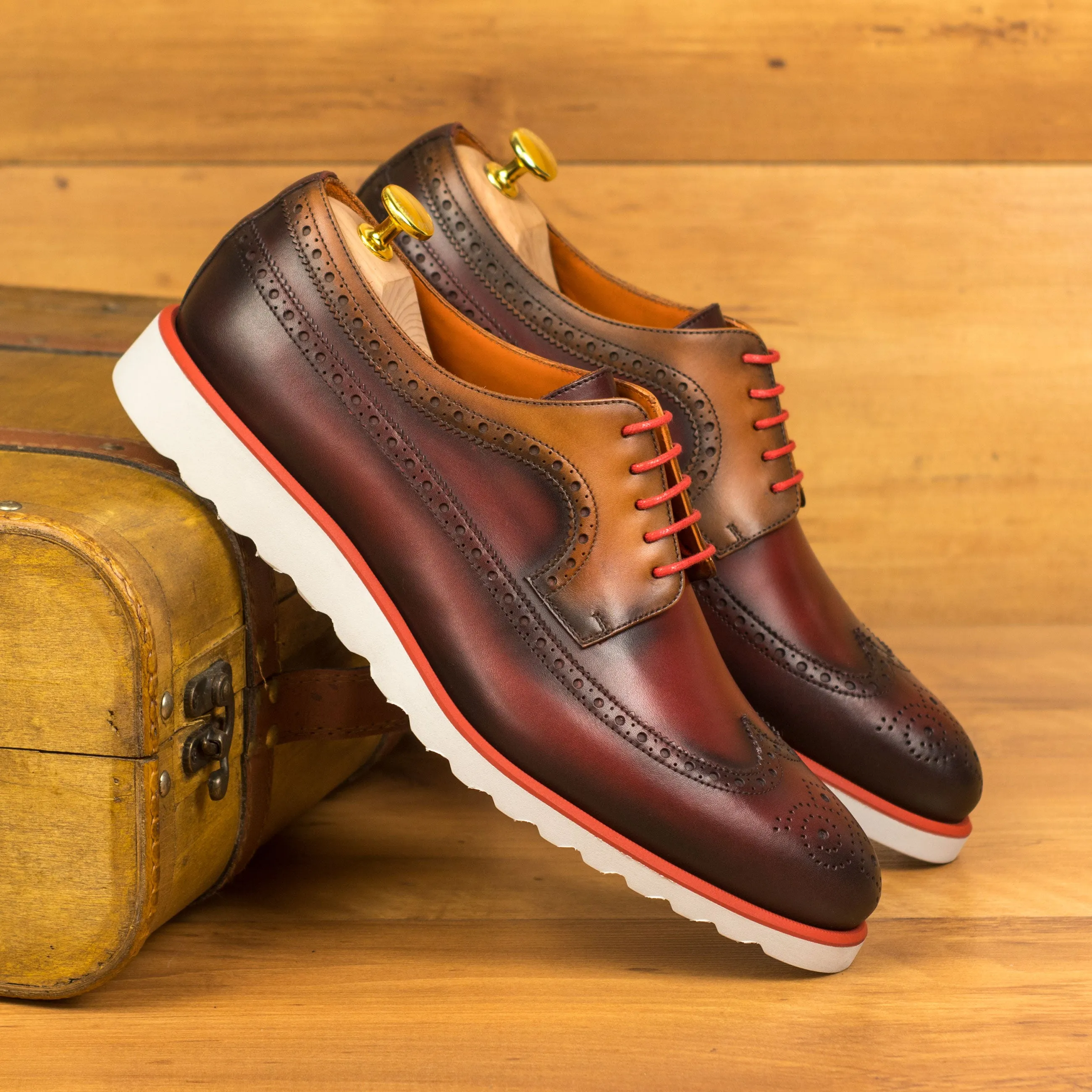 DapperFam Zephyr in Red / Cognac Men's Italian Leather Longwing Blucher
