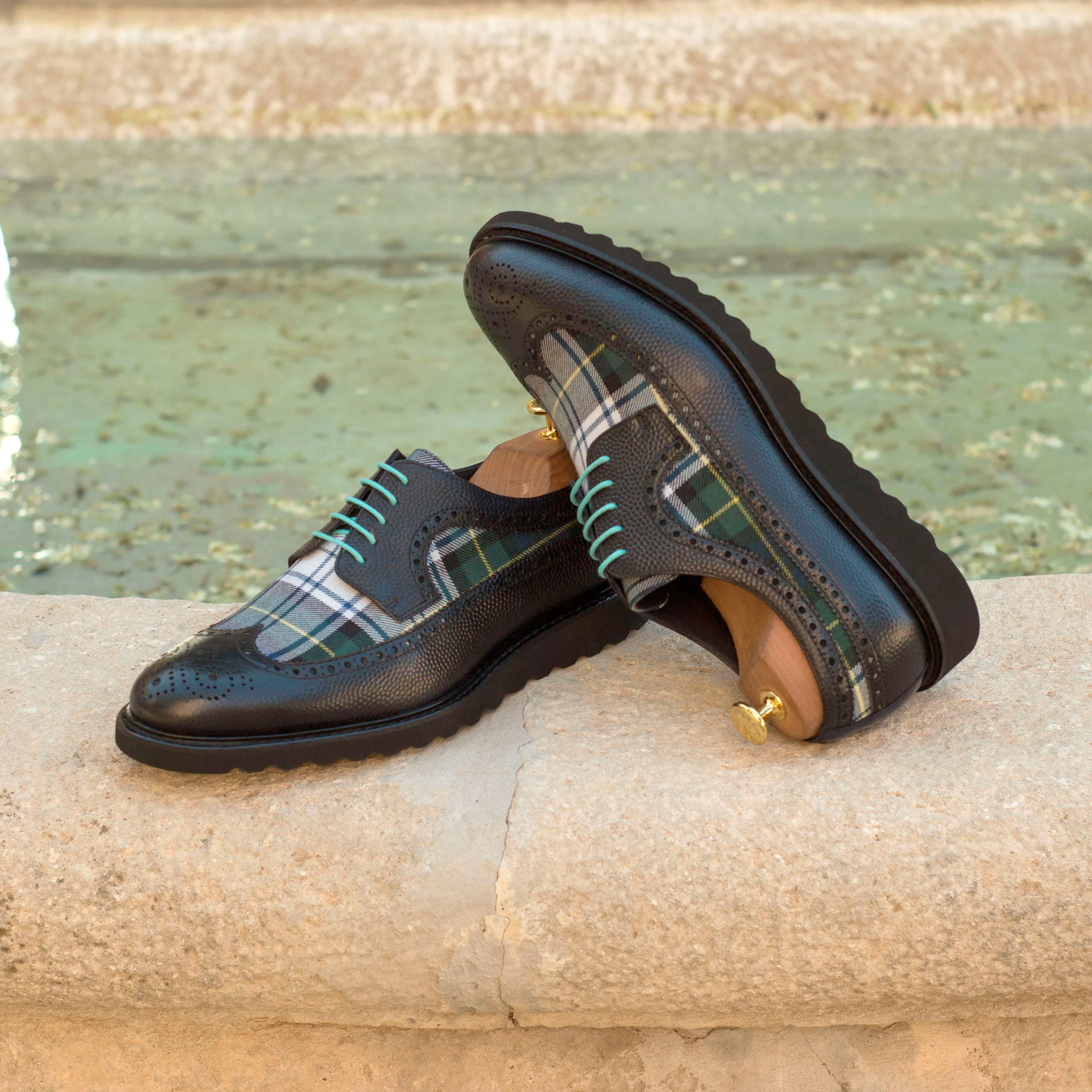 DapperFam Zephyr in Tartan / Cobalt Blue / Black Men's Sartorial & Italian Patent Leather Longwing Blucher