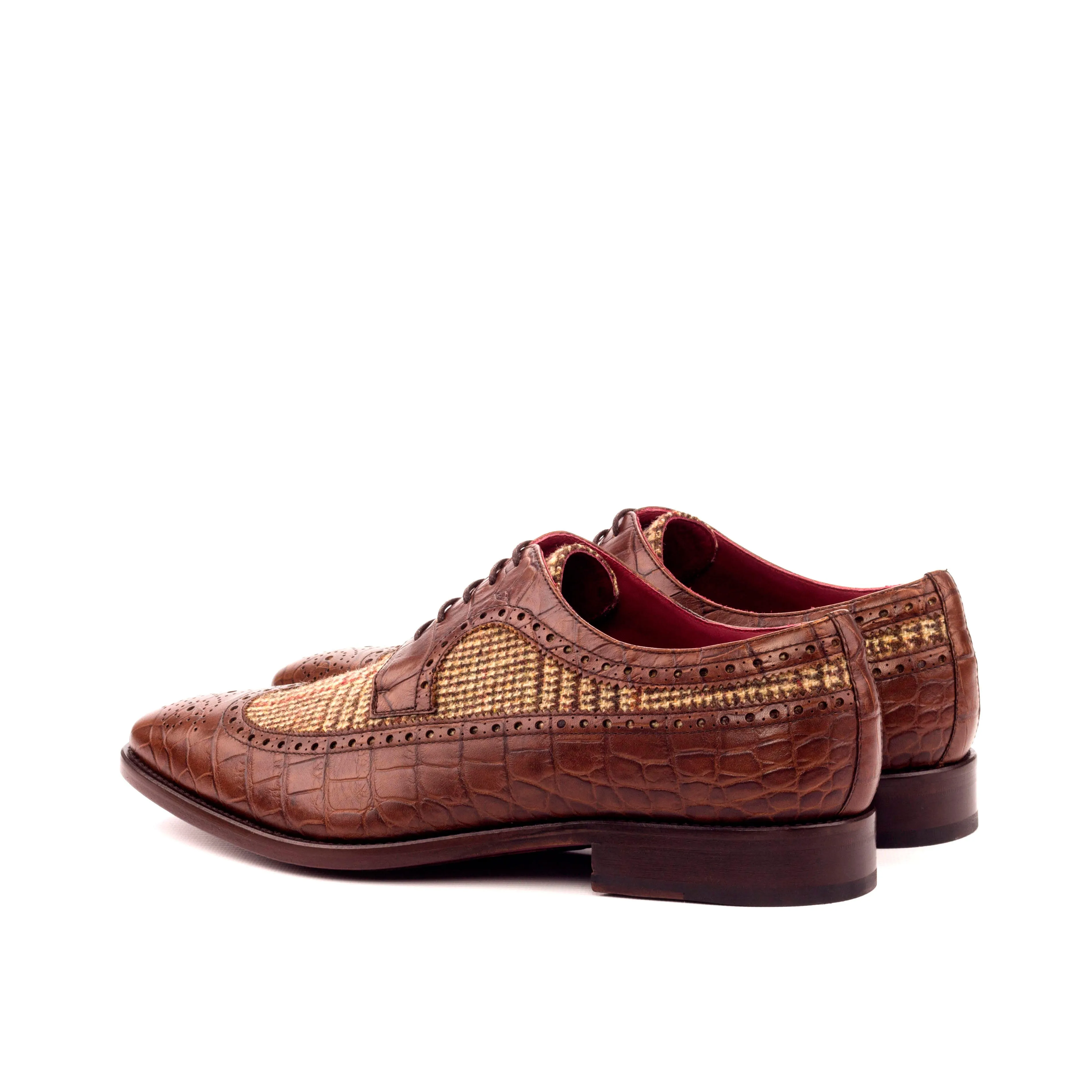 DapperFam Zephyr in Tweed / Dark Brown Men's Sartorial & Italian Croco Embossed Leather Longwing Blucher