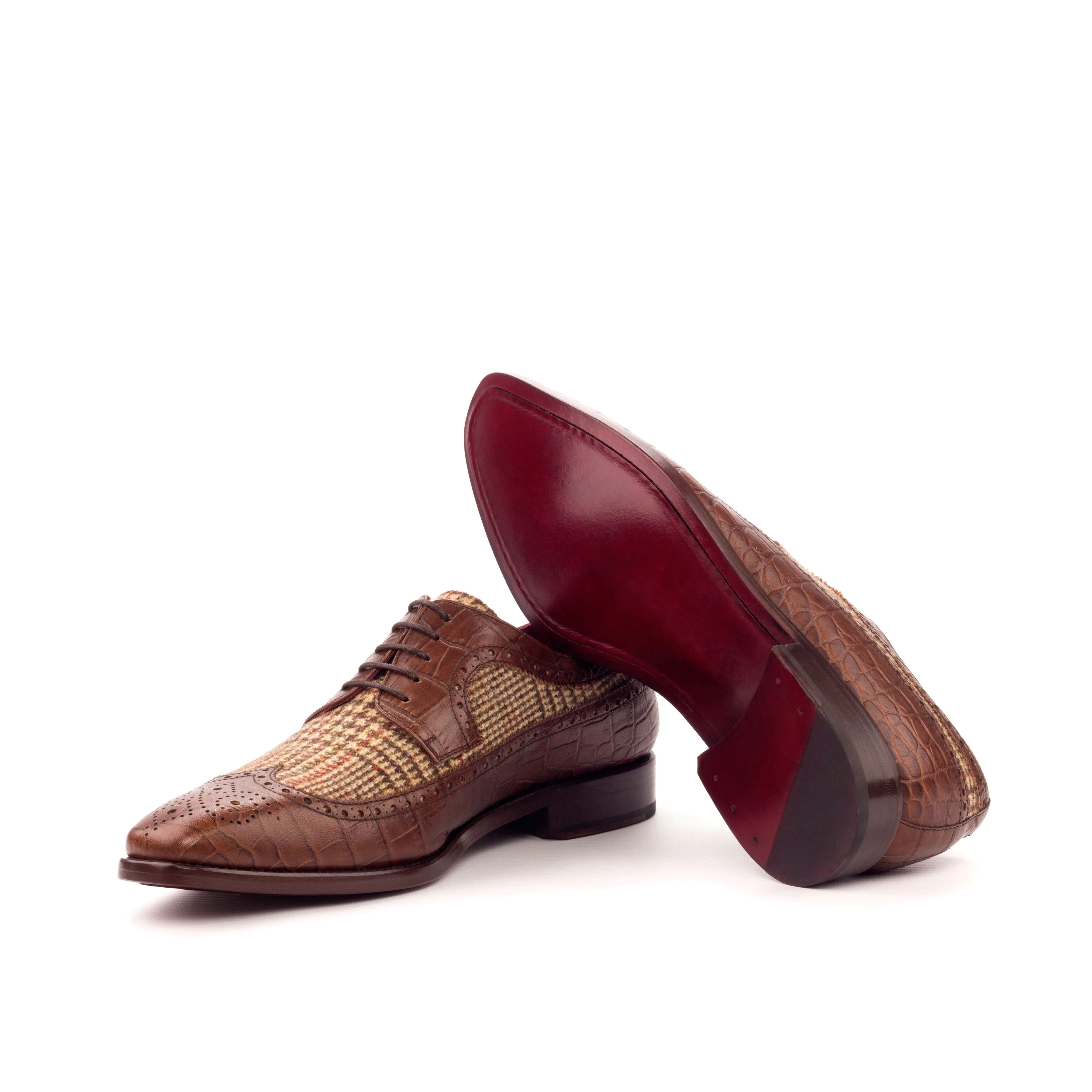 DapperFam Zephyr in Tweed / Dark Brown Men's Sartorial & Italian Croco Embossed Leather Longwing Blucher