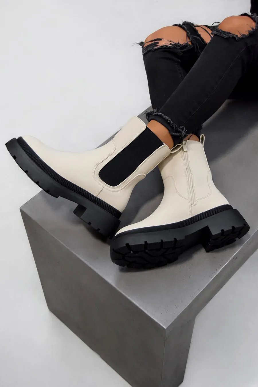 ELLIE Chunky Chelsea Ankle Boots - Cream