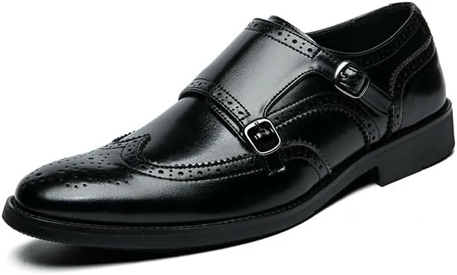 Formal Shoes Dress Oxford for Men Slip On Pointed Toe Brogue Embossed Wingtips Double Monk Strap PU Leather Low Top Non Slip Anti-Slip Rubber Sole