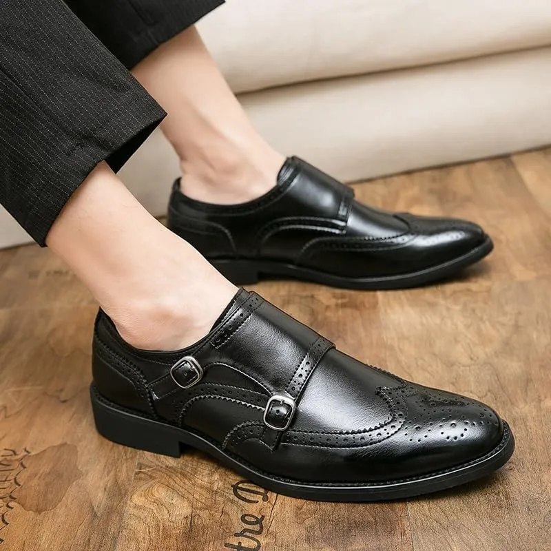 Formal Shoes Dress Oxford for Men Slip On Pointed Toe Brogue Embossed Wingtips Double Monk Strap PU Leather Low Top Non Slip Anti-Slip Rubber Sole