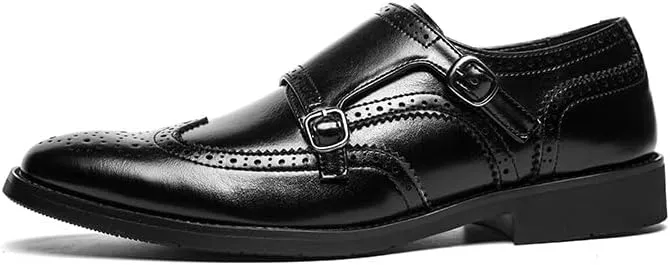 Formal Shoes Dress Oxford for Men Slip On Pointed Toe Brogue Embossed Wingtips Double Monk Strap PU Leather Low Top Non Slip Anti-Slip Rubber Sole