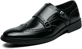Formal Shoes Dress Oxford for Men Slip On Pointed Toe Brogue Embossed Wingtips Double Monk Strap PU Leather Low Top Non Slip Anti-Slip Rubber Sole