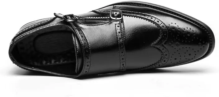 Formal Shoes Dress Oxford for Men Slip On Pointed Toe Brogue Embossed Wingtips Double Monk Strap PU Leather Low Top Non Slip Anti-Slip Rubber Sole