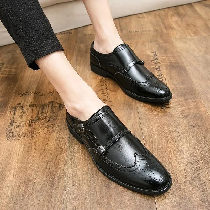 Formal Shoes Dress Oxford for Men Slip On Pointed Toe Brogue Embossed Wingtips Double Monk Strap PU Leather Low Top Non Slip Anti-Slip Rubber Sole