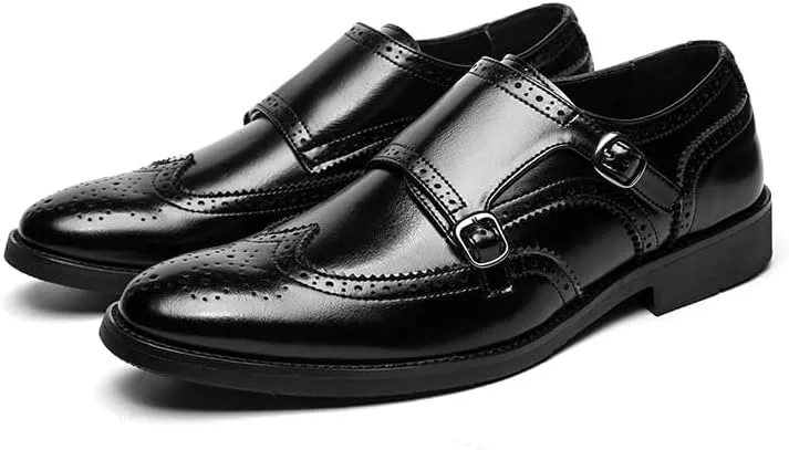 Formal Shoes Dress Oxford for Men Slip On Pointed Toe Brogue Embossed Wingtips Double Monk Strap PU Leather Low Top Non Slip Anti-Slip Rubber Sole