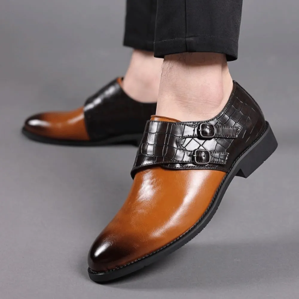 Men Dress Shoes Buckle Monk Strap Genuine Leather Slip On Business Formal Comfortable Round Toe Stylish Wedding Non Slip Classic Office