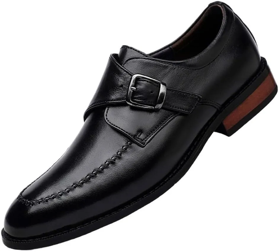 Men's Dress Oxford Shoes Single Buckle Monk French Leather Working Slip On Breathable Business Block Heel Shoe