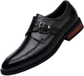 Men's Dress Oxford Shoes Single Buckle Monk French Leather Working Slip On Breathable Business Block Heel Shoe