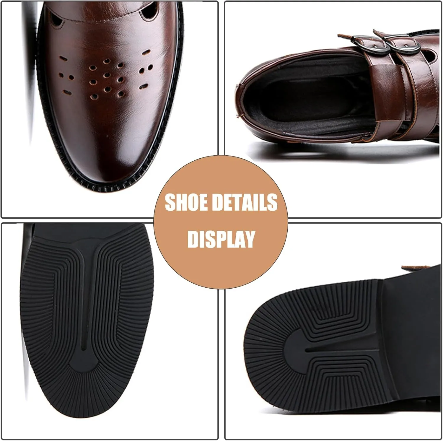 Men's Leather Hollow Closed Low Heel Business Dress Shoes Comfortable Breathable Round Toe Double Monk Buckle Slip-On Oxford Sandals Fashion Modern Wedding Office Work Tuxedo Derby Shoes