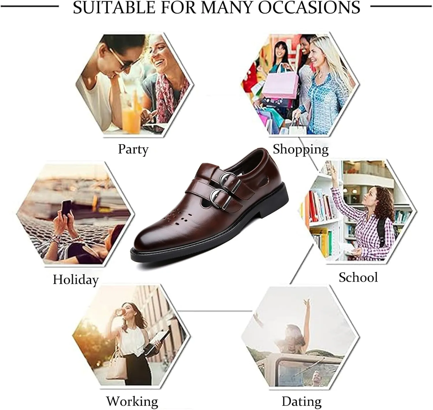 Men's Leather Hollow Closed Low Heel Business Dress Shoes Comfortable Breathable Round Toe Double Monk Buckle Slip-On Oxford Sandals Fashion Modern Wedding Office Work Tuxedo Derby Shoes