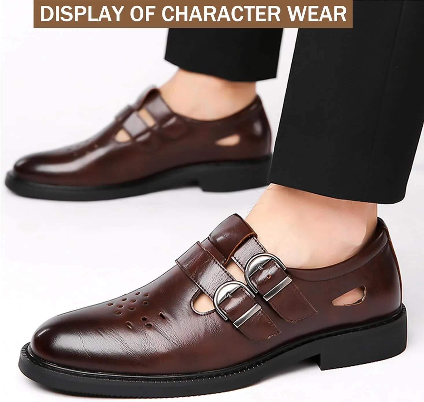 Men's Leather Hollow Closed Low Heel Business Dress Shoes Comfortable Breathable Round Toe Double Monk Buckle Slip-On Oxford Sandals Fashion Modern Wedding Office Work Tuxedo Derby Shoes