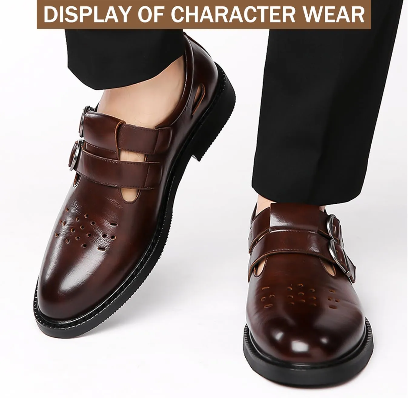 Men's Leather Hollow Closed Low Heel Business Dress Shoes Comfortable Breathable Round Toe Double Monk Buckle Slip-On Oxford Sandals Fashion Modern Wedding Office Work Tuxedo Derby Shoes