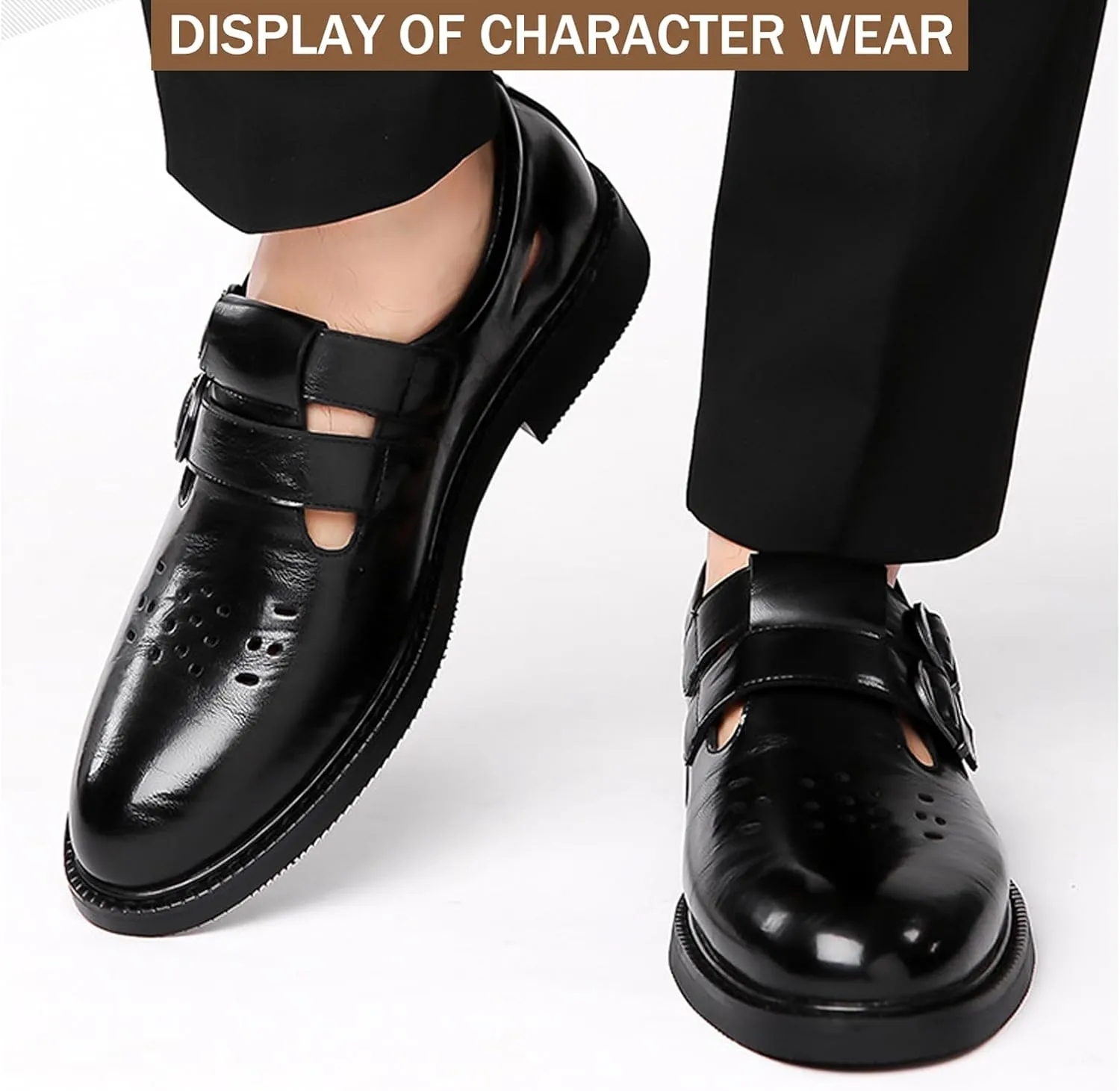 Men's Leather Hollow Closed Low Heel Business Dress Shoes Comfortable Breathable Round Toe Double Monk Buckle Slip-On Oxford Sandals Fashion Modern Wedding Office Work Tuxedo Derby Shoes