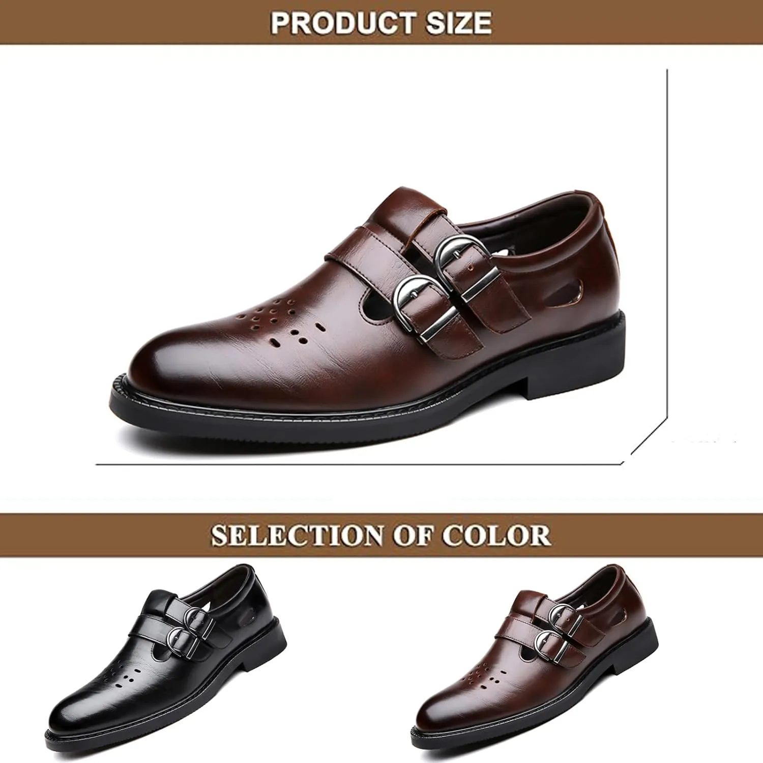Men's Leather Hollow Closed Low Heel Business Dress Shoes Comfortable Breathable Round Toe Double Monk Buckle Slip-On Oxford Sandals Fashion Modern Wedding Office Work Tuxedo Derby Shoes