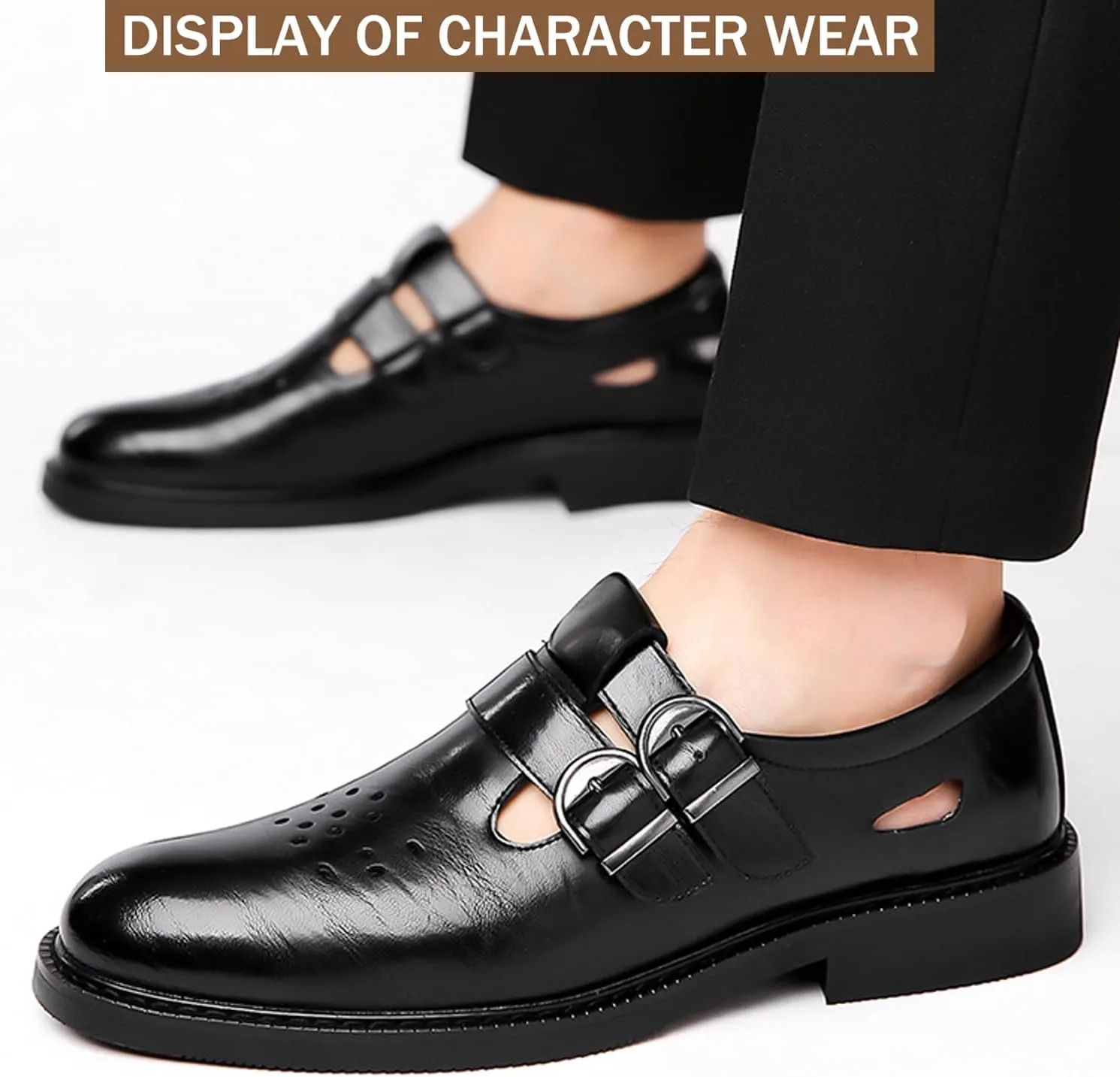 Men's Leather Hollow Closed Low Heel Business Dress Shoes Comfortable Breathable Round Toe Double Monk Buckle Slip-On Oxford Sandals Fashion Modern Wedding Office Work Tuxedo Derby Shoes
