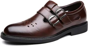 Men's Leather Hollow Closed Low Heel Business Dress Shoes Comfortable Breathable Round Toe Double Monk Buckle Slip-On Oxford Sandals Fashion Modern Wedding Office Work Tuxedo Derby Shoes