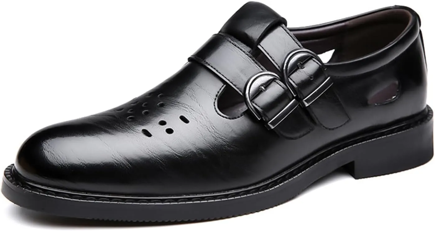 Men's Leather Hollow Closed Low Heel Business Dress Shoes Comfortable Breathable Round Toe Double Monk Buckle Slip-On Oxford Sandals Fashion Modern Wedding Office Work Tuxedo Derby Shoes