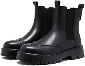 Men's Leather Platform Chelsea Boots Lug Sole Chunky Heel Brogue Dress Ankle Boots Round Toe Retro Slip-On Oxfords Boot
