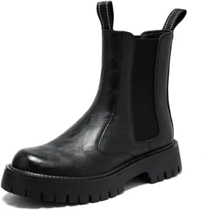 Men's Leather Platform Chelsea Boots Lug Sole Chunky Heel Brogue Dress Ankle Boots Round Toe Retro Slip-On Oxfords Boot