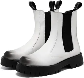 Men's Leather Platform Chelsea Boots Lug Sole Chunky Heel Brogue Dress Ankle Boots Round Toe Retro Slip-On Oxfords Boot