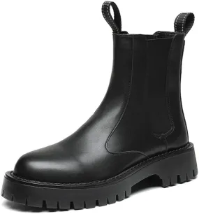 Men's Leather Platform Chelsea Boots Lug Sole Chunky Heel Brogue Dress Ankle Boots Round Toe Retro Slip-On Oxfords Boot