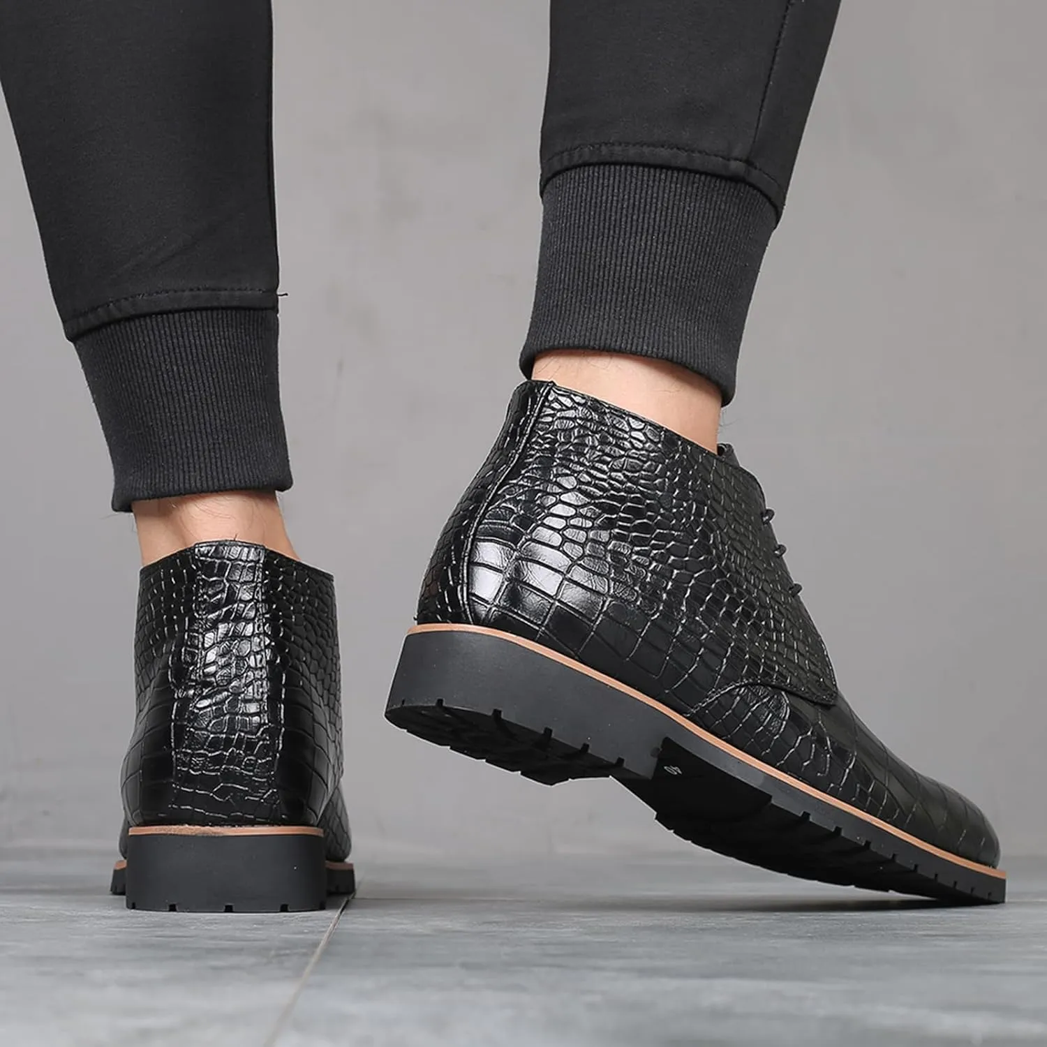 Men's Leather Print High Top Chukka Boots Fashion British Style Pointed Toe Lace Up Chelsea Boots Business Casual Dress Oxford Ankle Boots