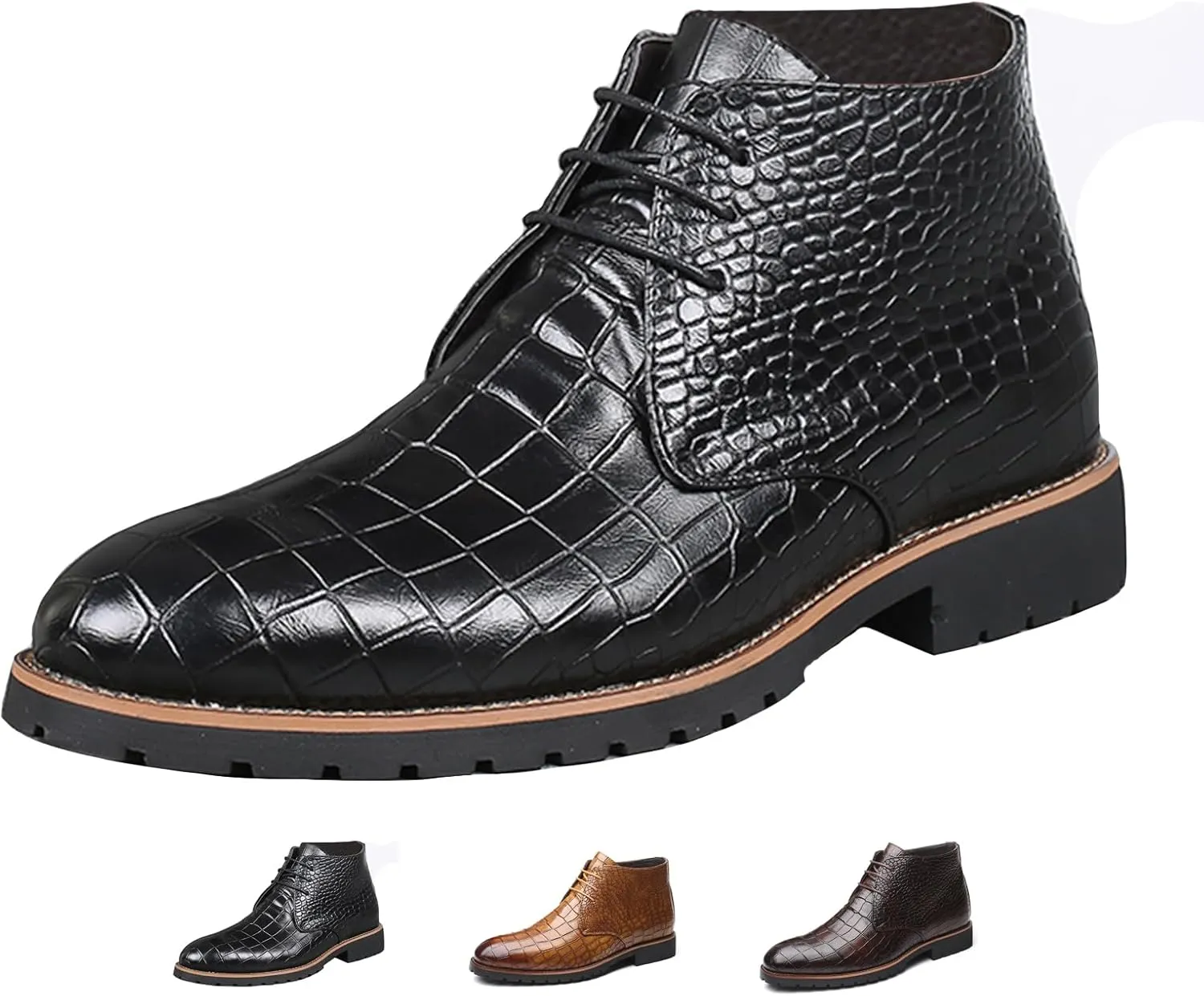 Men's Leather Print High Top Chukka Boots Fashion British Style Pointed Toe Lace Up Chelsea Boots Business Casual Dress Oxford Ankle Boots