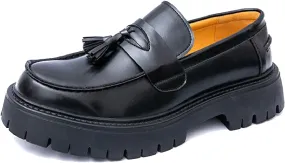 Men's Leather Tassel Platform Slip On Loafers Business Casual Round Toe Anti-Slip Lug Sole Comfortable Chunky Heel Dress Shoes for Wedding Work Office Penny Loafers