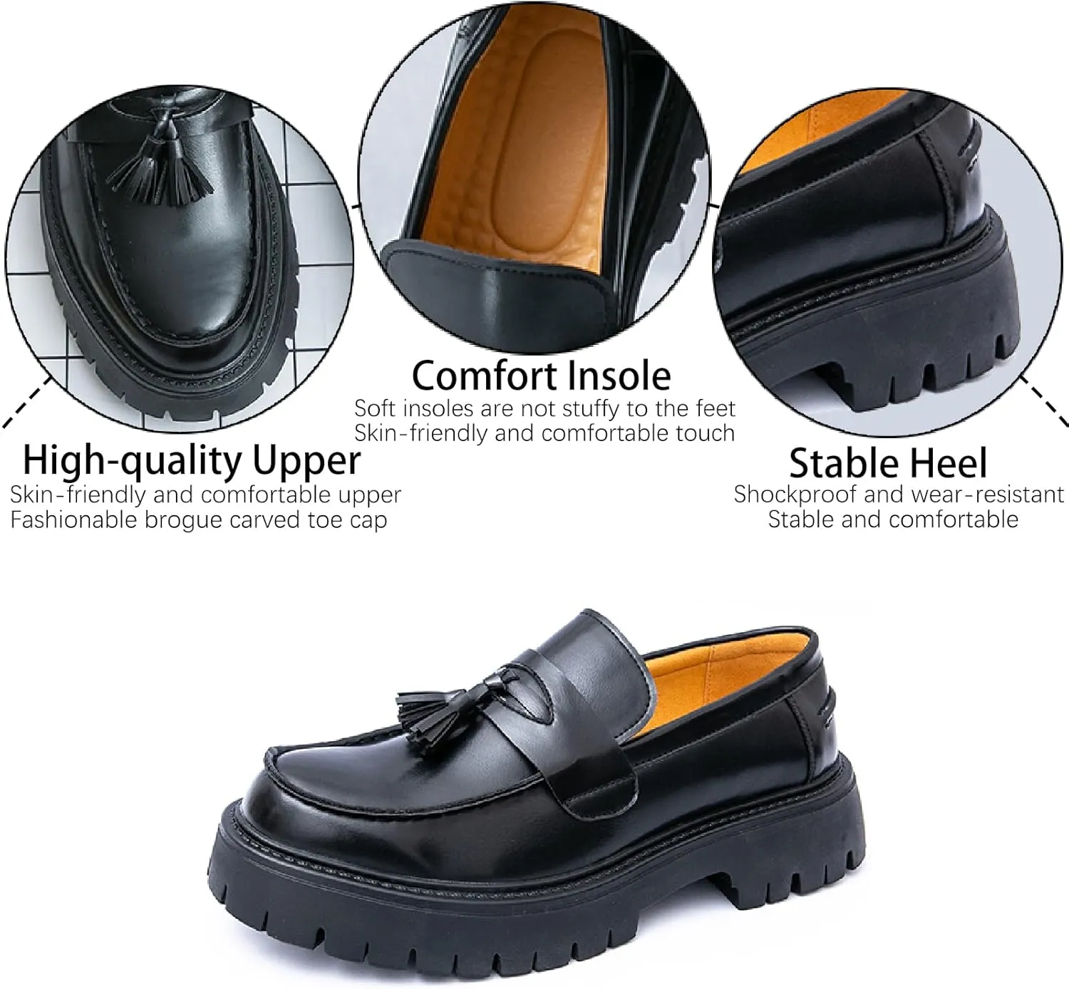 Men's Leather Tassel Platform Slip On Loafers Business Casual Round Toe Anti-Slip Lug Sole Comfortable Chunky Heel Dress Shoes for Wedding Work Office Penny Loafers