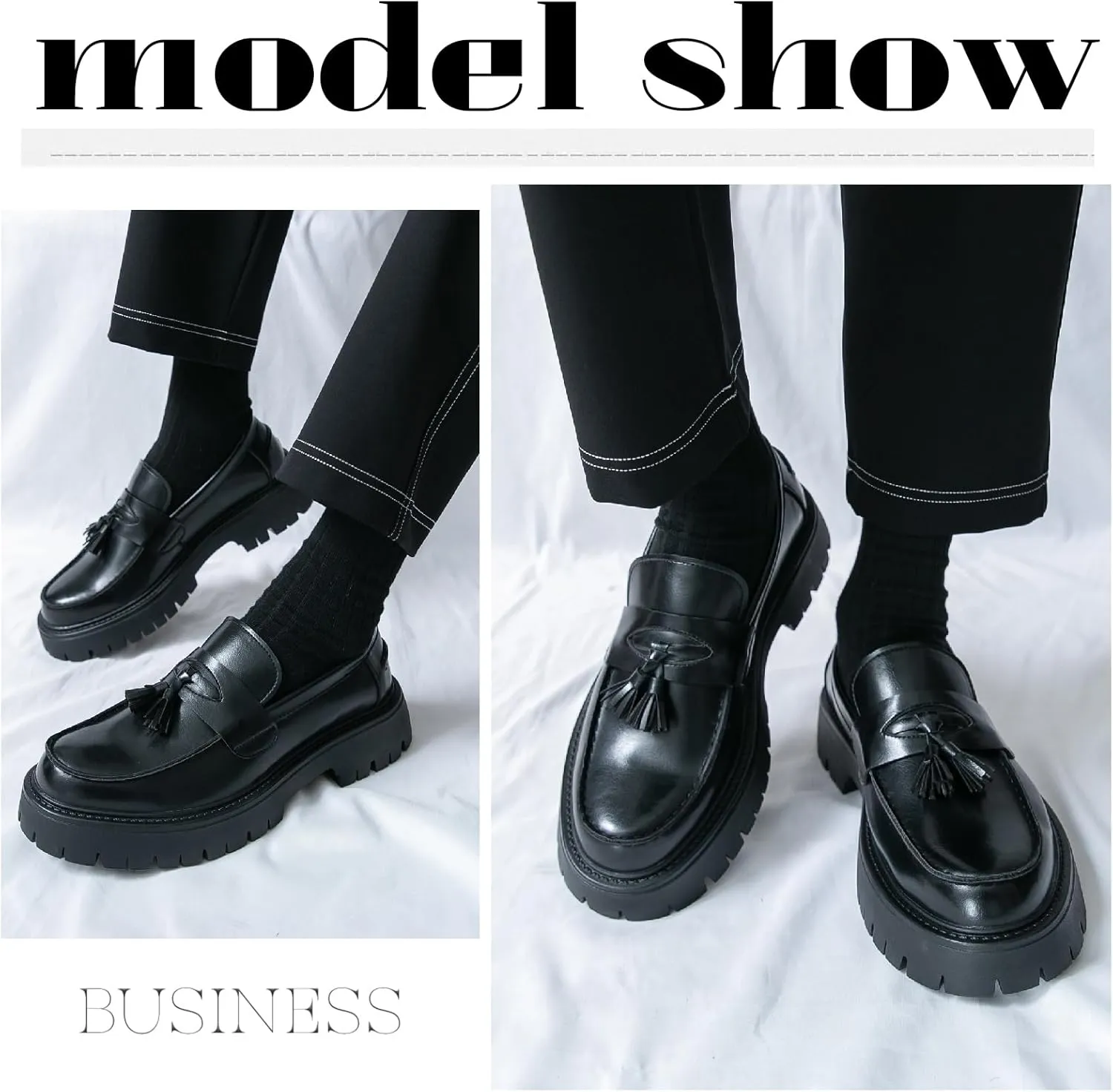 Men's Leather Tassel Platform Slip On Loafers Business Casual Round Toe Anti-Slip Lug Sole Comfortable Chunky Heel Dress Shoes for Wedding Work Office Penny Loafers