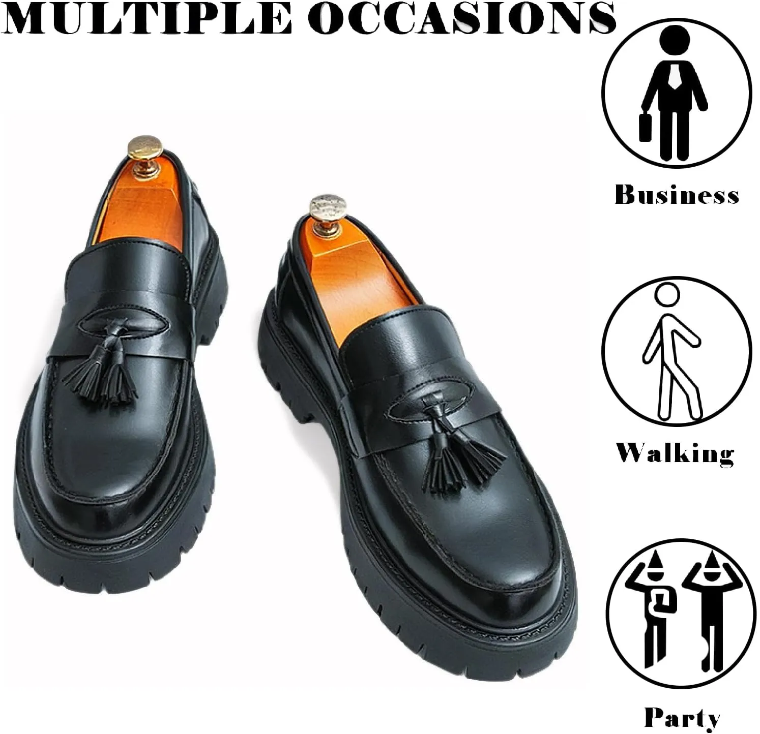 Men's Leather Tassel Platform Slip On Loafers Business Casual Round Toe Anti-Slip Lug Sole Comfortable Chunky Heel Dress Shoes for Wedding Work Office Penny Loafers