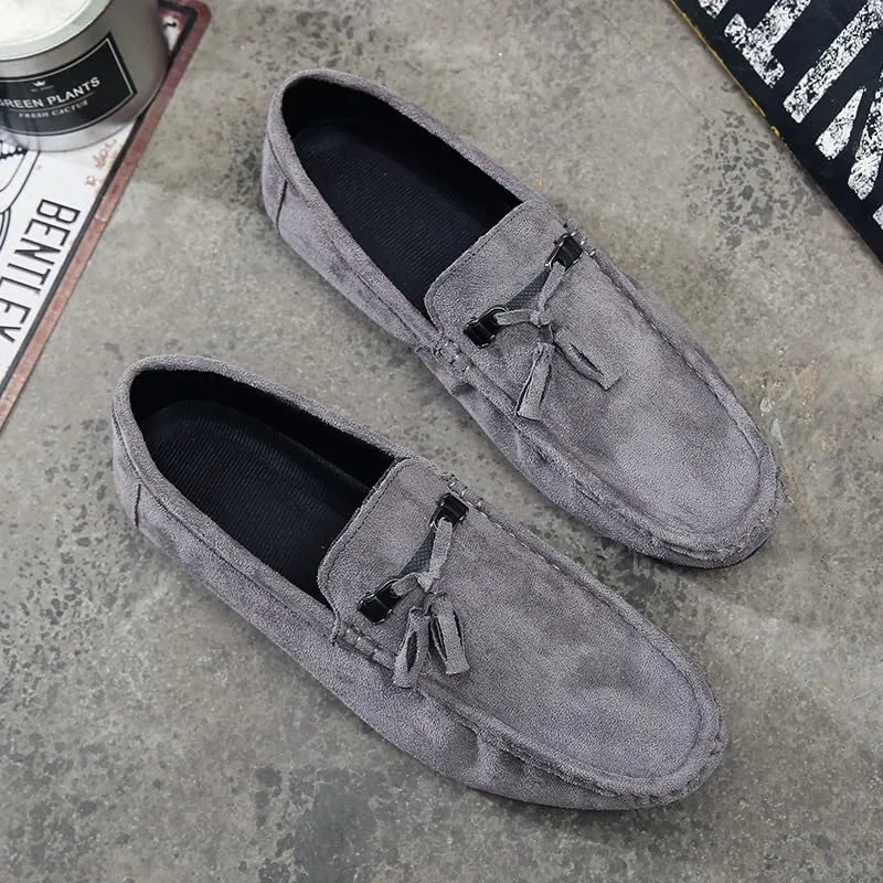 Mens Loafers Round Toe Suede Vamp with Tassel Loafer Shoes Comfortable Flat Heel Anti-Slip Party Slip On