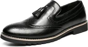 Mens Retro Brogue Leather Tassels Slip-On Dress Loafers Round Toe Non-Slip Low Top Casual Wingtip Shoes for Formal Business Wedding