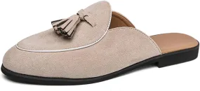 Men's Suede Tassels Slip On Mules Clog Slippers Casual Round Toe Backless Flat Dress Loafers for Formal Walking Wedding Business