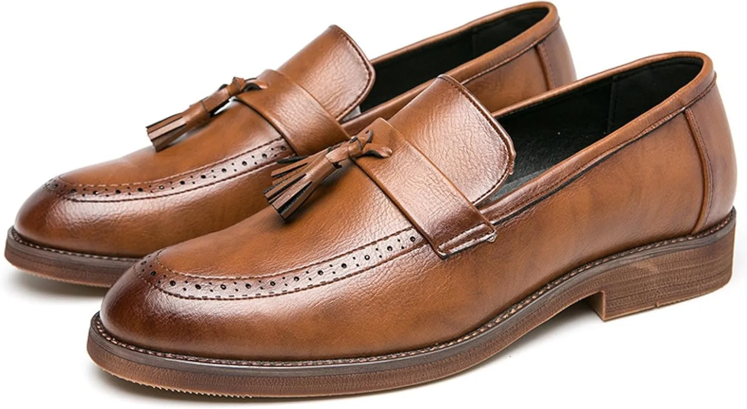 Men's Tassel Pointed Toe Chunky Low Heel Oxford Shoes Comfortable Breathable Slip On Dress Brogue Loafers Formal Business Party Wedding Shoes