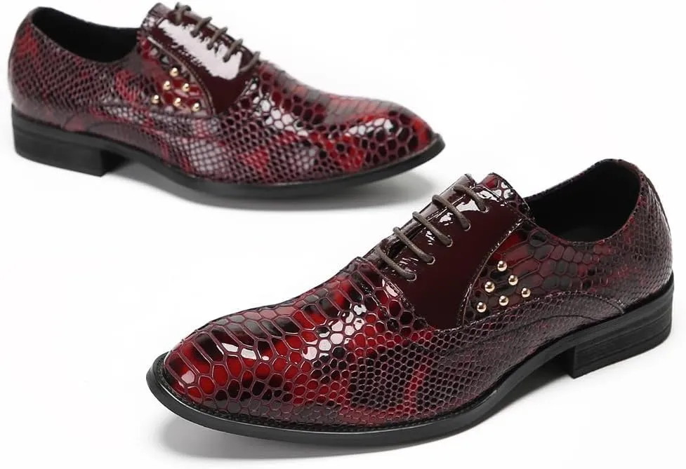 Men's Wingtip Oxfords Patent Leather Oxford Dress Shoes Snake Pattern with Gold Studded Detail Fashion Business Tuxedo Wedding Prom Shoes