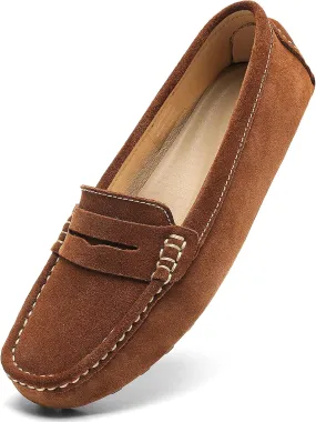 Osslue Women's Suede Leather Casual Penny Loafers Retro Ladies Moccasins Driving Mocs Comfort Slip-On Fashion Boat Shoes Classic Flats