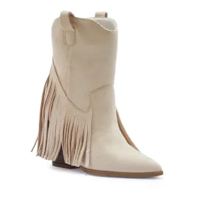 POCAHONTAS CREAM FAUX SUEDE TASSEL COWBOY ANKLE BOOTS