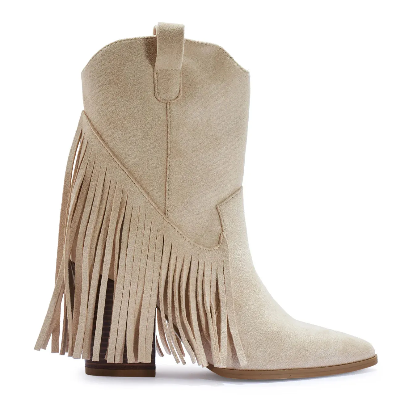 POCAHONTAS CREAM FAUX SUEDE TASSEL COWBOY ANKLE BOOTS