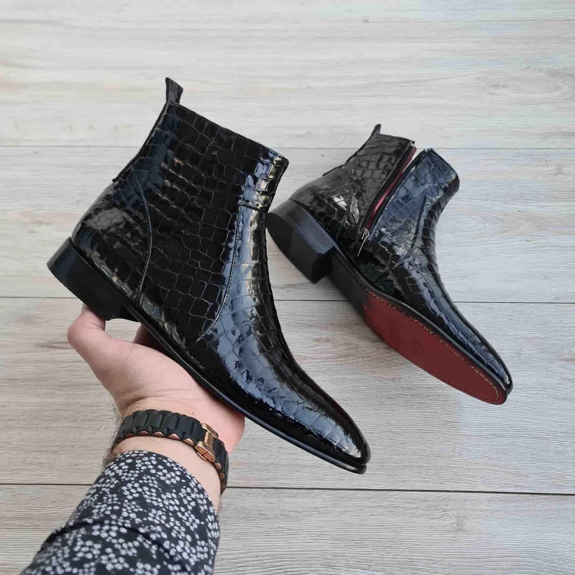 Raphael Black Men's Chelsea Croco Patent Leather Boots | Red Sole