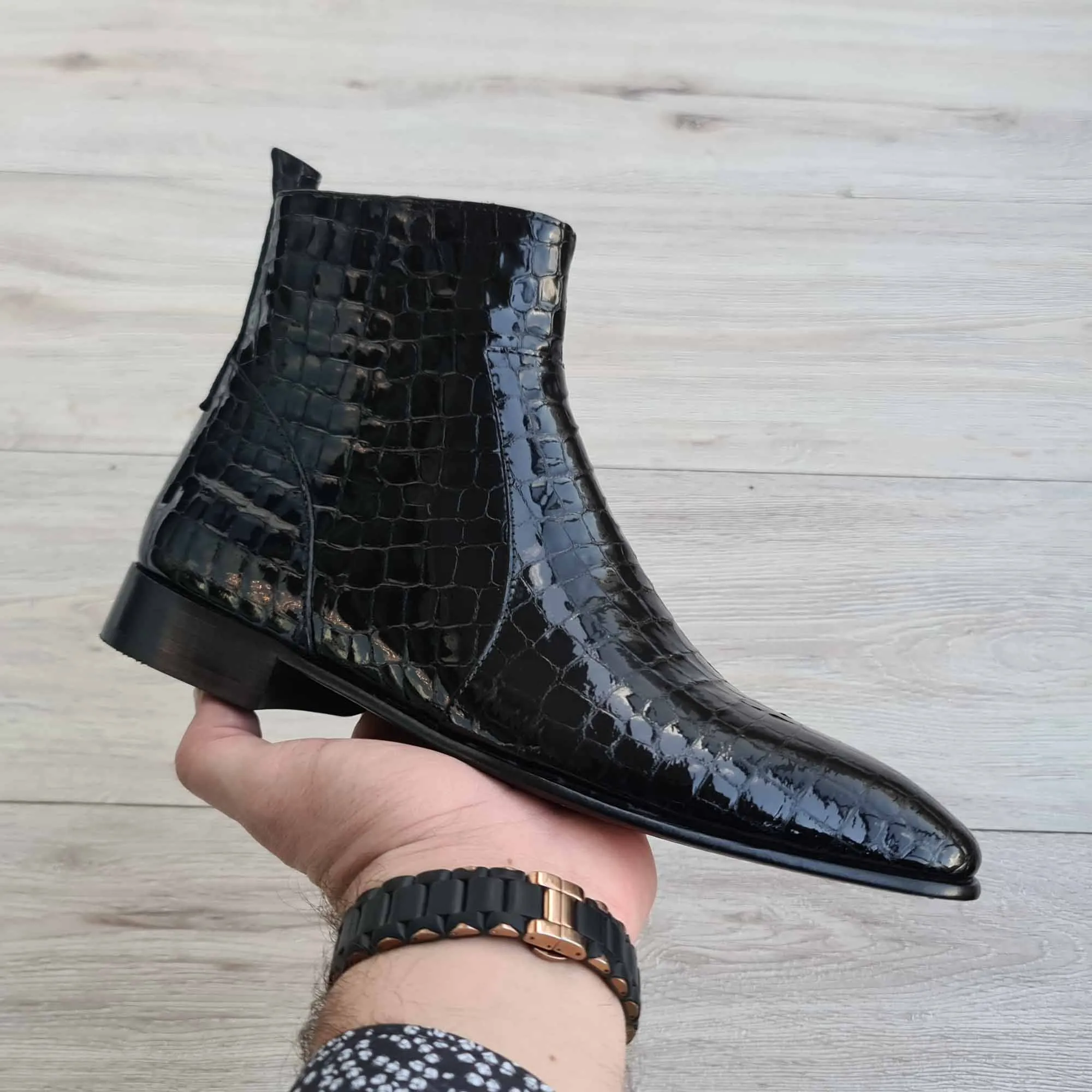 Raphael Black Men's Chelsea Croco Patent Leather Boots | Red Sole