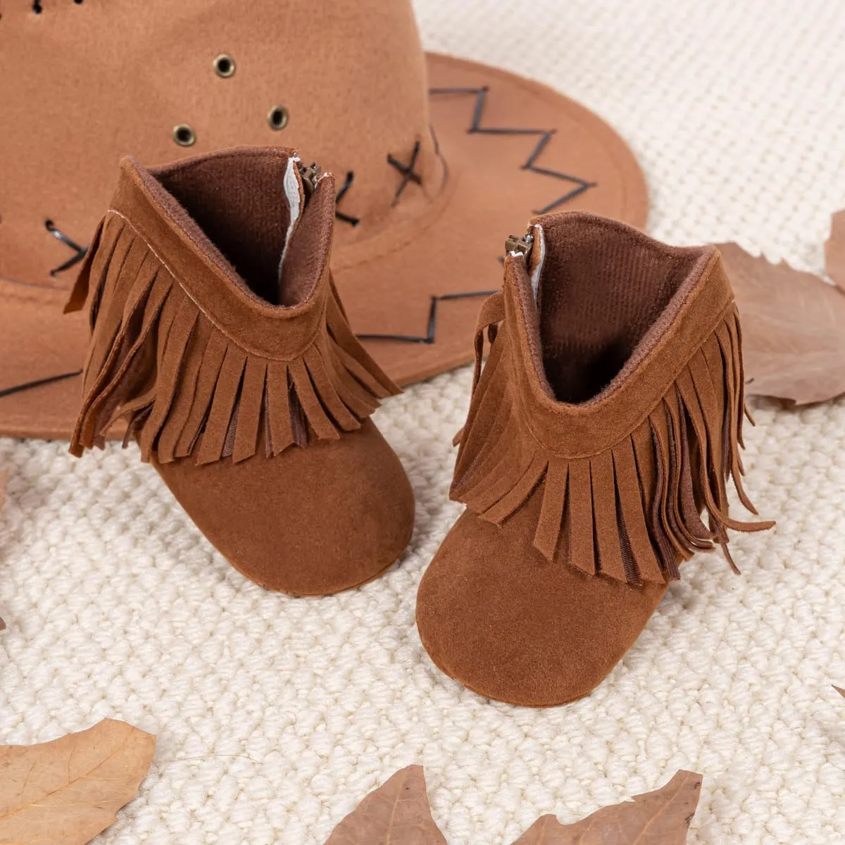 Sawimlgy Infant Baby Boys Girls Plush Winter Snow Boots Cowboy Tassels Bowknot Ankle Side Zipper Soft Sole Boots Toddler Newborn Warm First Walker Crib Outdoor Shoes