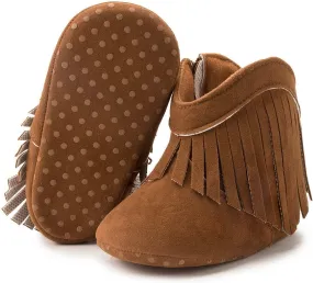 Sawimlgy Infant Baby Boys Girls Plush Winter Snow Boots Cowboy Tassels Bowknot Ankle Side Zipper Soft Sole Boots Toddler Newborn Warm First Walker Crib Outdoor Shoes