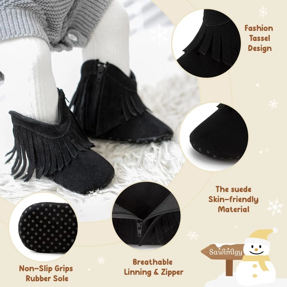 Sawimlgy Infant Baby Boys Girls Plush Winter Snow Boots Cowboy Tassels Bowknot Ankle Side Zipper Soft Sole Boots Toddler Newborn Warm First Walker Crib Outdoor Shoes