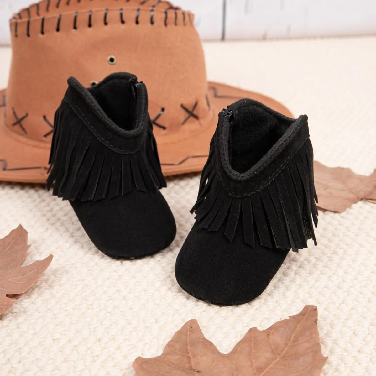 Sawimlgy Infant Baby Boys Girls Plush Winter Snow Boots Cowboy Tassels Bowknot Ankle Side Zipper Soft Sole Boots Toddler Newborn Warm First Walker Crib Outdoor Shoes