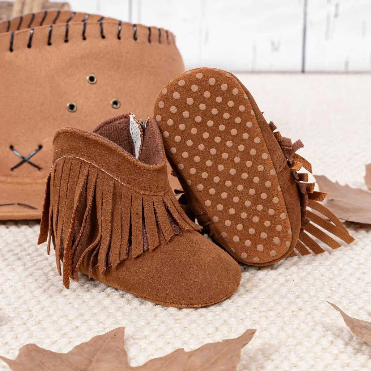 Sawimlgy Infant Baby Boys Girls Plush Winter Snow Boots Cowboy Tassels Bowknot Ankle Side Zipper Soft Sole Boots Toddler Newborn Warm First Walker Crib Outdoor Shoes