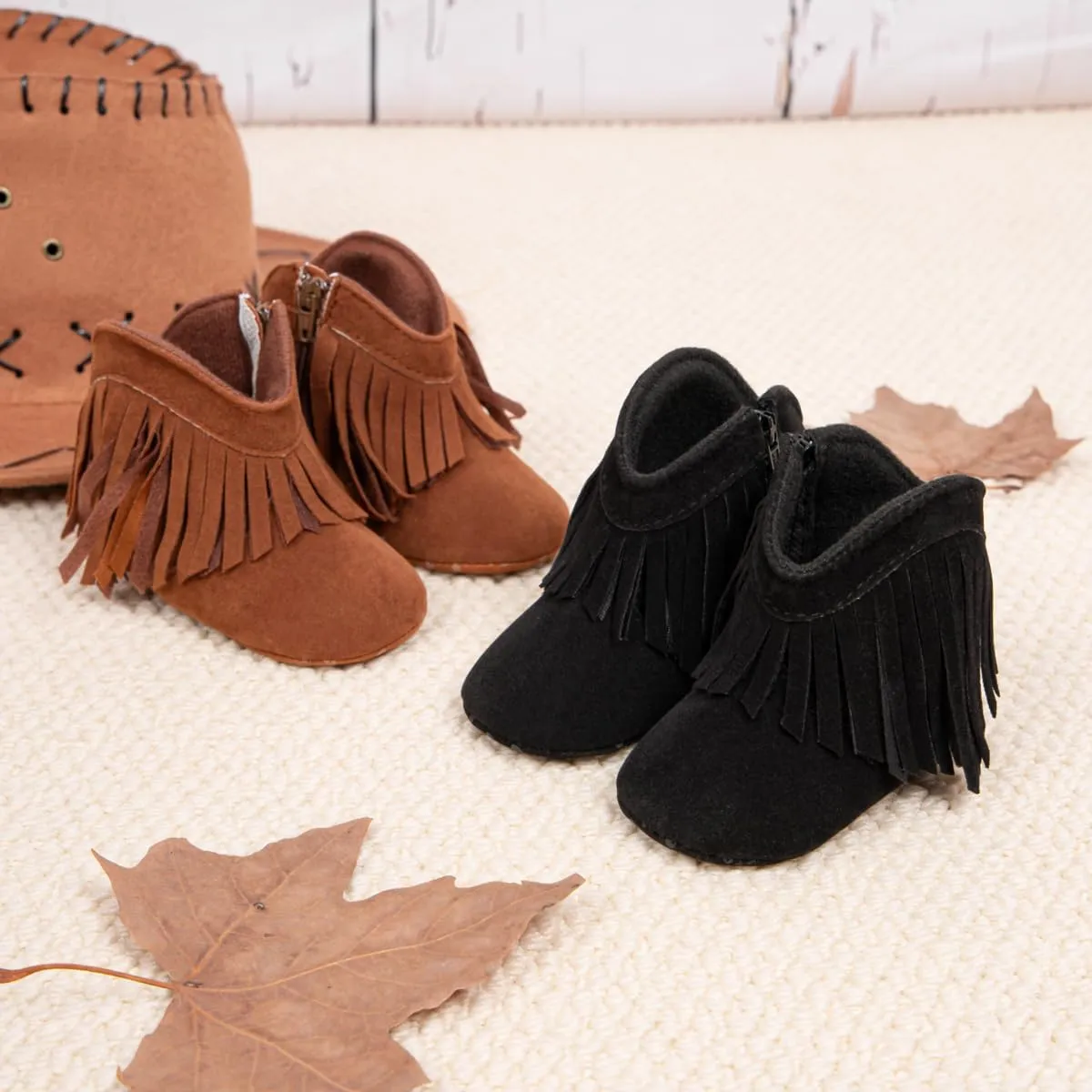 Sawimlgy Infant Baby Boys Girls Plush Winter Snow Boots Cowboy Tassels Bowknot Ankle Side Zipper Soft Sole Boots Toddler Newborn Warm First Walker Crib Outdoor Shoes